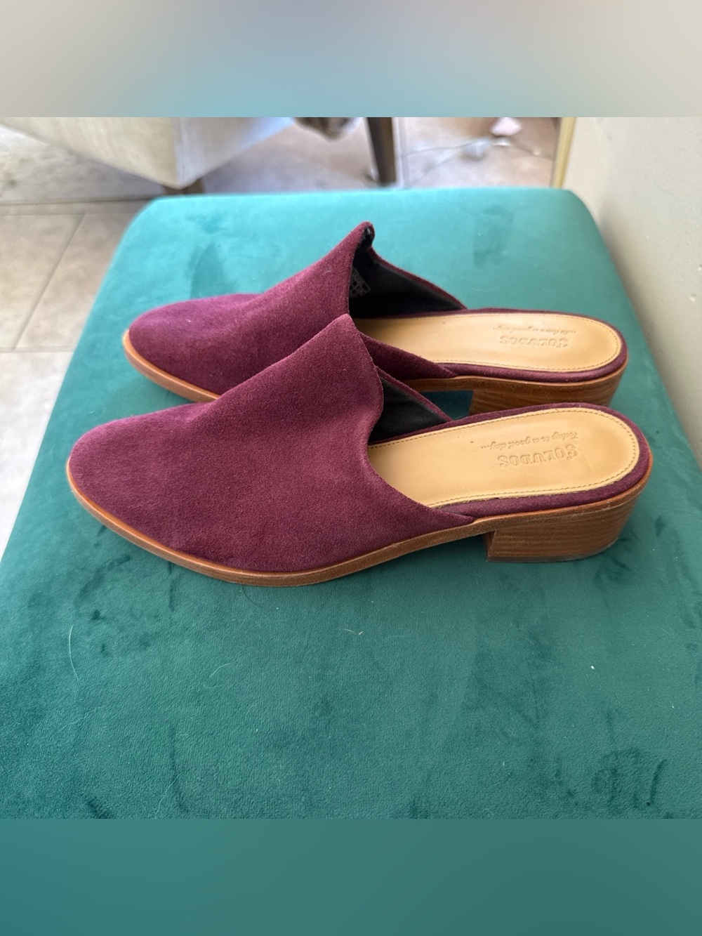 Soludos Venetian Suede Mule  Maroon wooden block heel